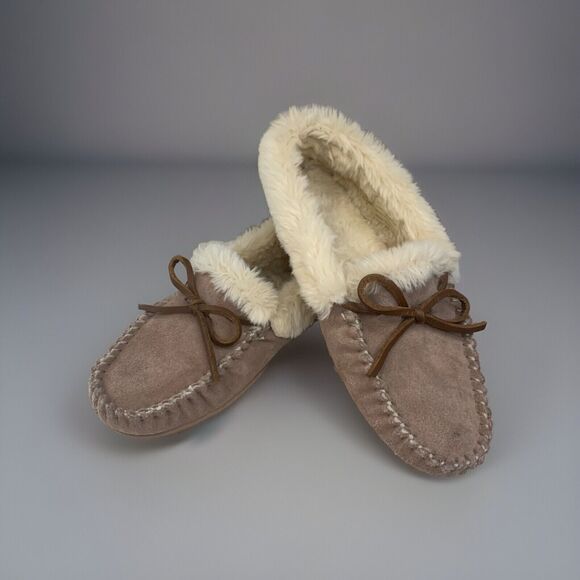 J. CREW‎ Moccasin Slippers Women’s Size 6 Suede Faux Shearling Fuzzy - Picture 1 of 9